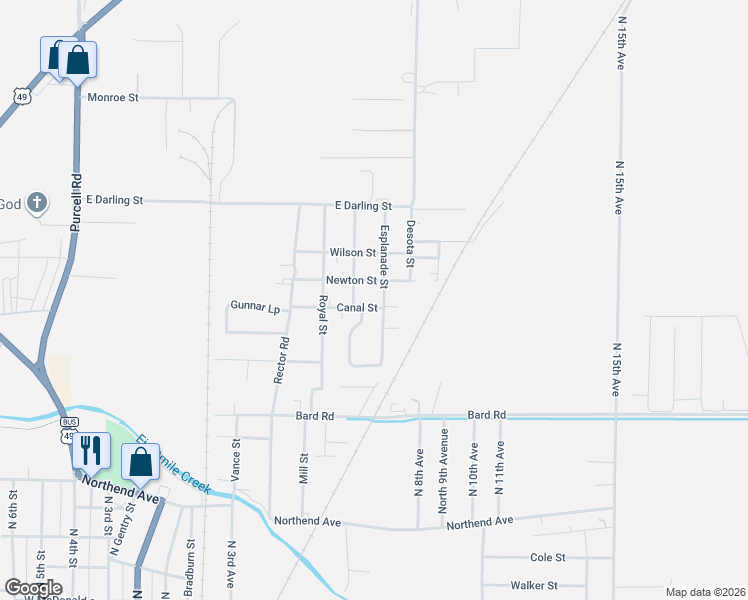 map of restaurants, bars, coffee shops, grocery stores, and more near 601-699 Newton Street in Paragould