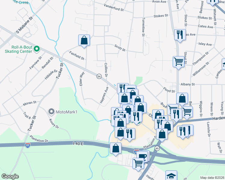 map of restaurants, bars, coffee shops, grocery stores, and more near 909 Chapel Hill Road in Burlington
