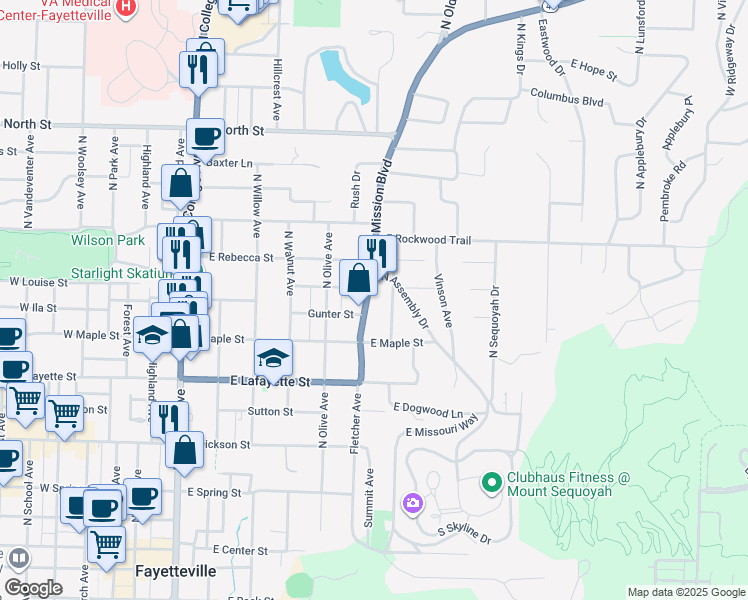 map of restaurants, bars, coffee shops, grocery stores, and more near 643-699 North Assembly Road in Fayetteville