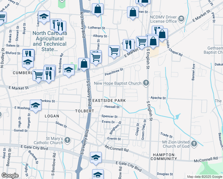 map of restaurants, bars, coffee shops, grocery stores, and more near 305 York Street in Greensboro