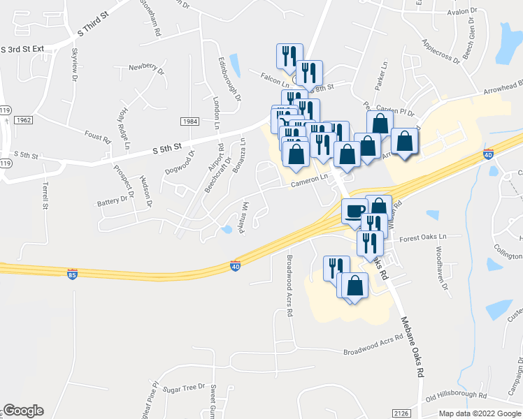 map of restaurants, bars, coffee shops, grocery stores, and more near Saint Croix Lane in Mebane