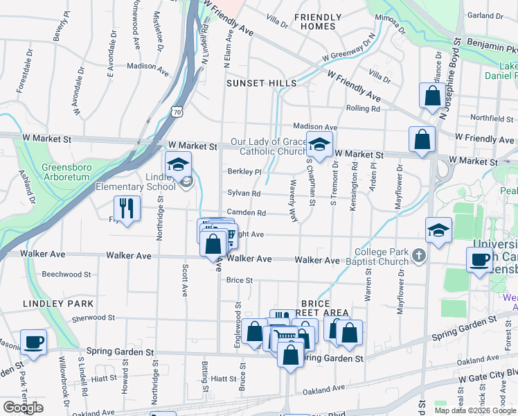map of restaurants, bars, coffee shops, grocery stores, and more near 207 West Greenway Drive South in Greensboro