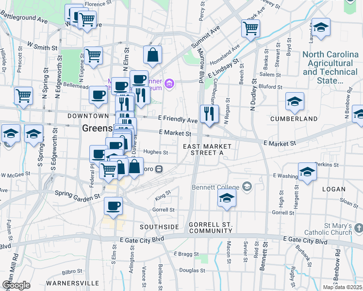 map of restaurants, bars, coffee shops, grocery stores, and more near 195 South Lyndon Street in Greensboro
