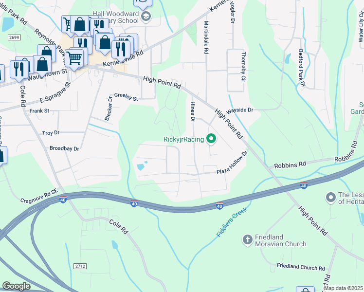 map of restaurants, bars, coffee shops, grocery stores, and more near 3225 Ridgeback Drive in Winston-Salem