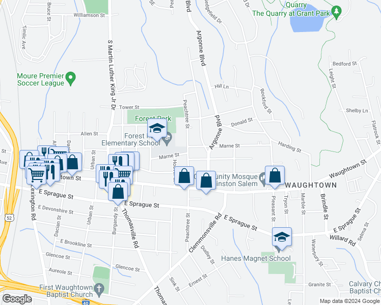 map of restaurants, bars, coffee shops, grocery stores, and more near 1809 Peachtree Street in Winston-Salem
