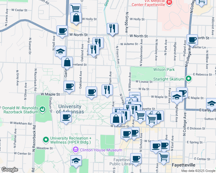 map of restaurants, bars, coffee shops, grocery stores, and more near 529 Whitham Avenue in Fayetteville