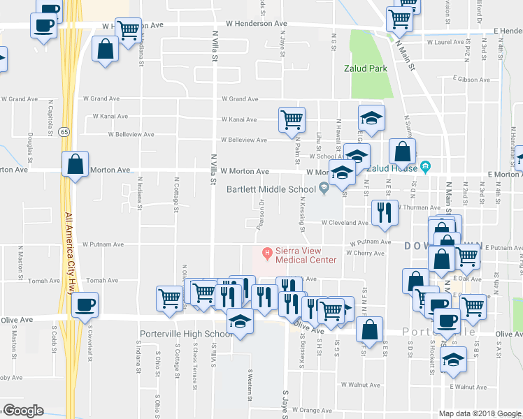 map of restaurants, bars, coffee shops, grocery stores, and more near 200 Pearson Drive in Porterville