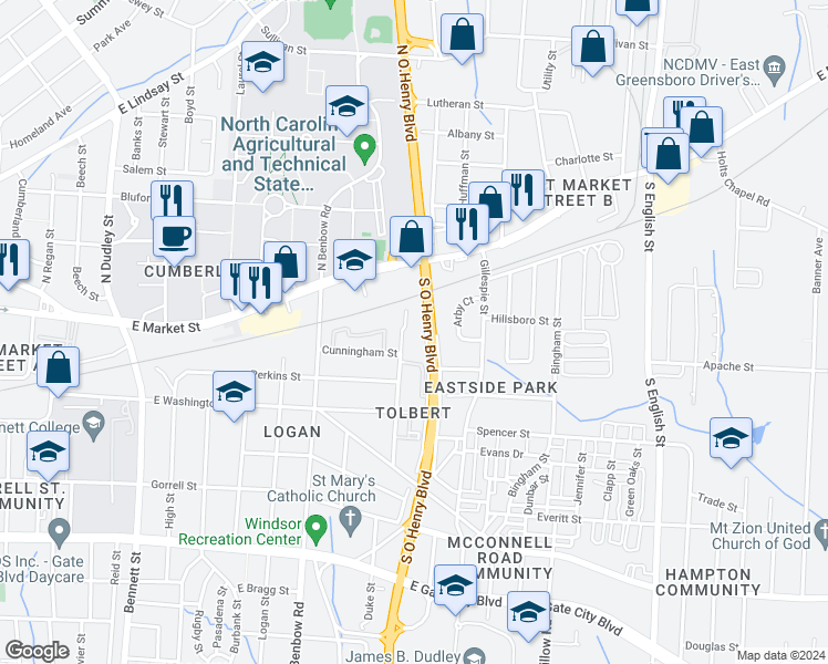 map of restaurants, bars, coffee shops, grocery stores, and more near 401 South Booker Street in Greensboro