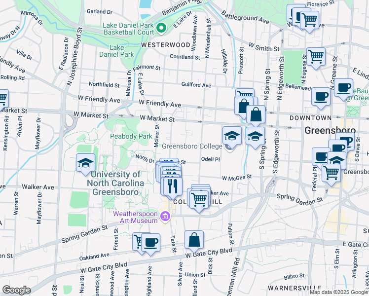 map of restaurants, bars, coffee shops, grocery stores, and more near 820 Rankin Place in Greensboro