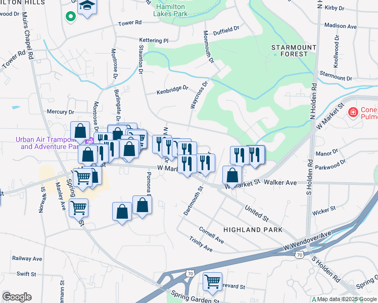 map of restaurants, bars, coffee shops, grocery stores, and more near 208 Revere Drive in Greensboro