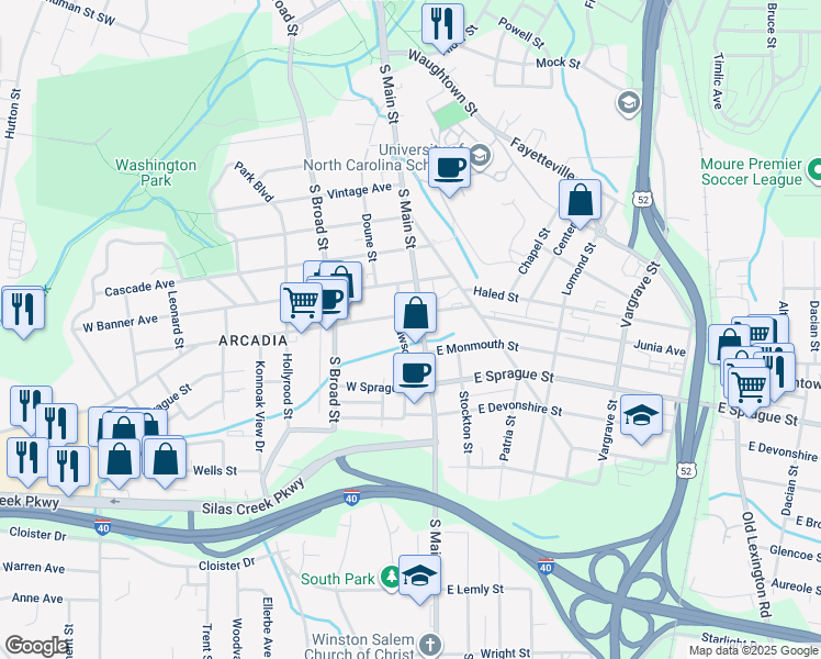 map of restaurants, bars, coffee shops, grocery stores, and more near in Winston-Salem