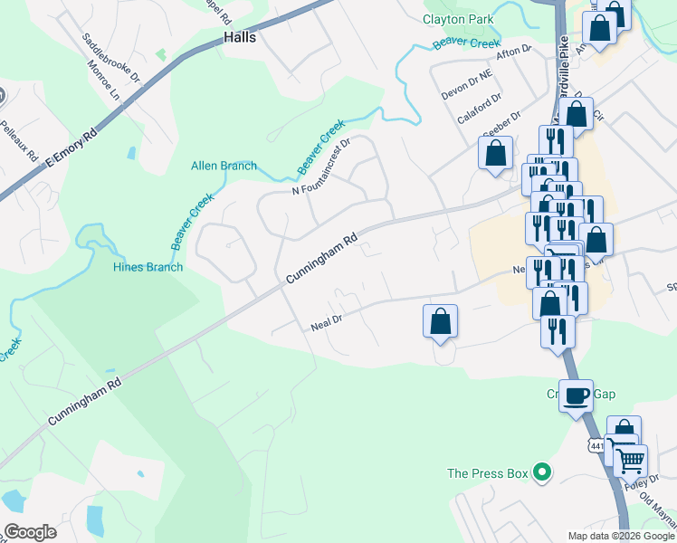 map of restaurants, bars, coffee shops, grocery stores, and more near 3525 Cunningham Road in Knoxville