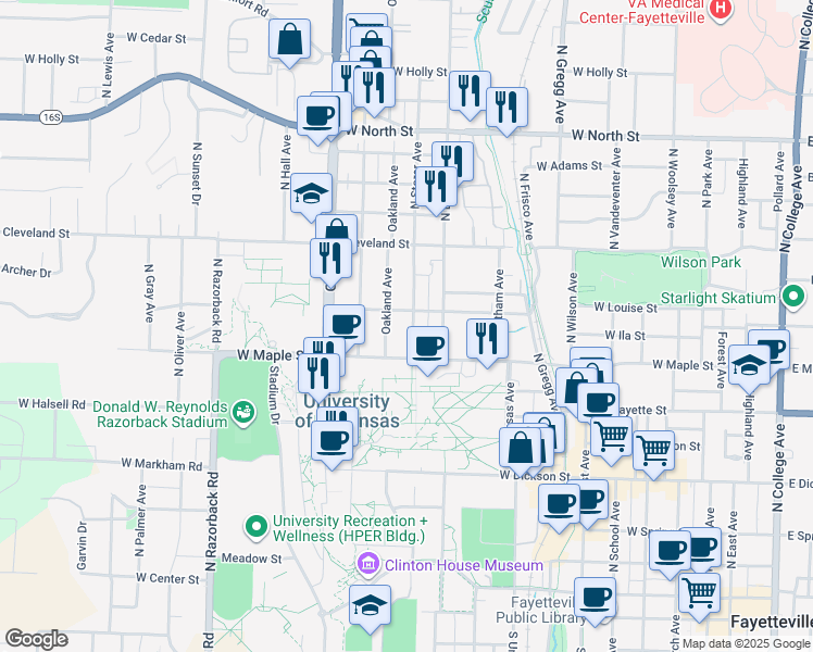 map of restaurants, bars, coffee shops, grocery stores, and more near in Fayetteville