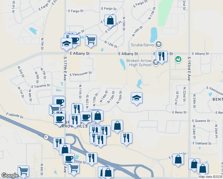map of restaurants, bars, coffee shops, grocery stores, and more near 1844 North 14th Street in Broken Arrow