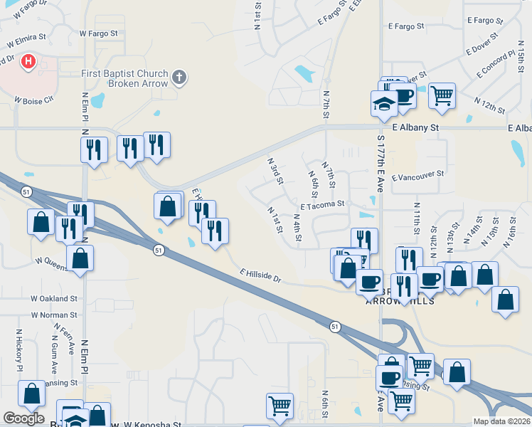map of restaurants, bars, coffee shops, grocery stores, and more near 2004 North 1st Street in Broken Arrow