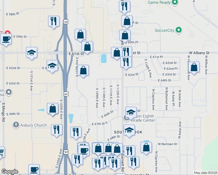 map of restaurants, bars, coffee shops, grocery stores, and more near 6310 South 111th East Avenue in Tulsa
