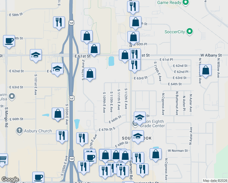 map of restaurants, bars, coffee shops, grocery stores, and more near 6310 South 111th East Avenue in Tulsa