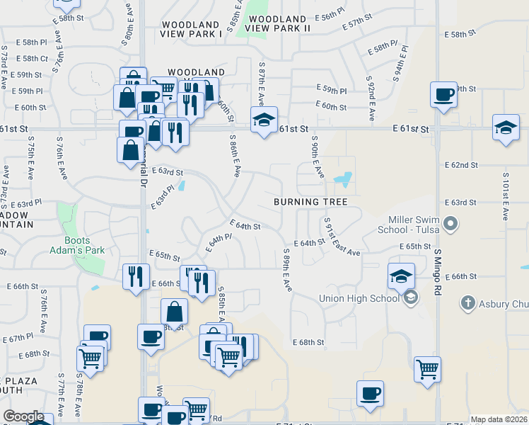 map of restaurants, bars, coffee shops, grocery stores, and more near 8820 East 62nd Court in Tulsa