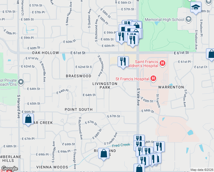 map of restaurants, bars, coffee shops, grocery stores, and more near 6224 South Sandusky Avenue in Tulsa