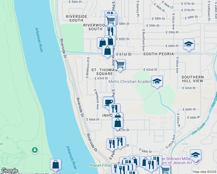 map of restaurants, bars, coffee shops, grocery stores, and more near 6304 South Peoria Avenue in Tulsa