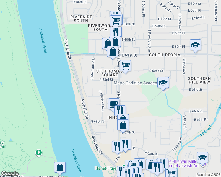 map of restaurants, bars, coffee shops, grocery stores, and more near in Tulsa