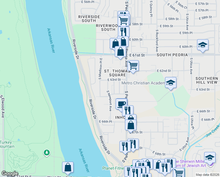 map of restaurants, bars, coffee shops, grocery stores, and more near in Tulsa