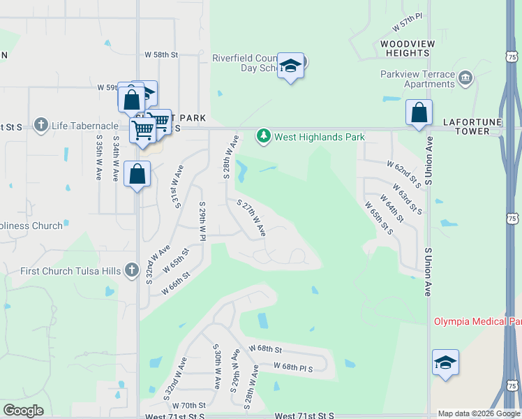 map of restaurants, bars, coffee shops, grocery stores, and more near 6425 South 27th West Avenue in Tulsa