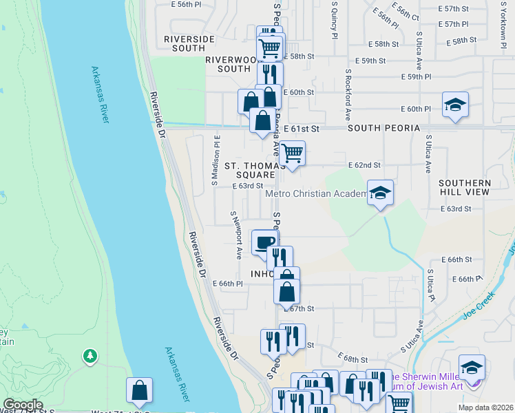 map of restaurants, bars, coffee shops, grocery stores, and more near in Tulsa