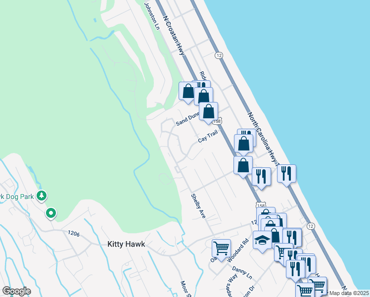 map of restaurants, bars, coffee shops, grocery stores, and more near 1503 Swordfish Way in Kitty Hawk