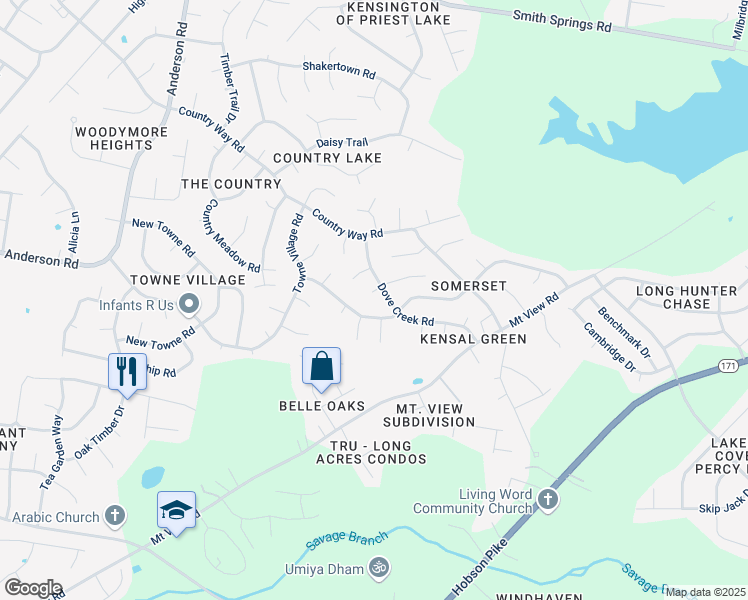 map of restaurants, bars, coffee shops, grocery stores, and more near 3528 Dove Creek Road in Nashville