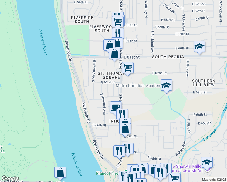 map of restaurants, bars, coffee shops, grocery stores, and more near 6309 South Owasso Avenue in Tulsa
