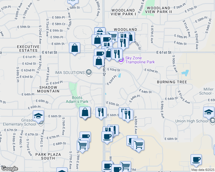 map of restaurants, bars, coffee shops, grocery stores, and more near 8120 East 63rd Place in Tulsa