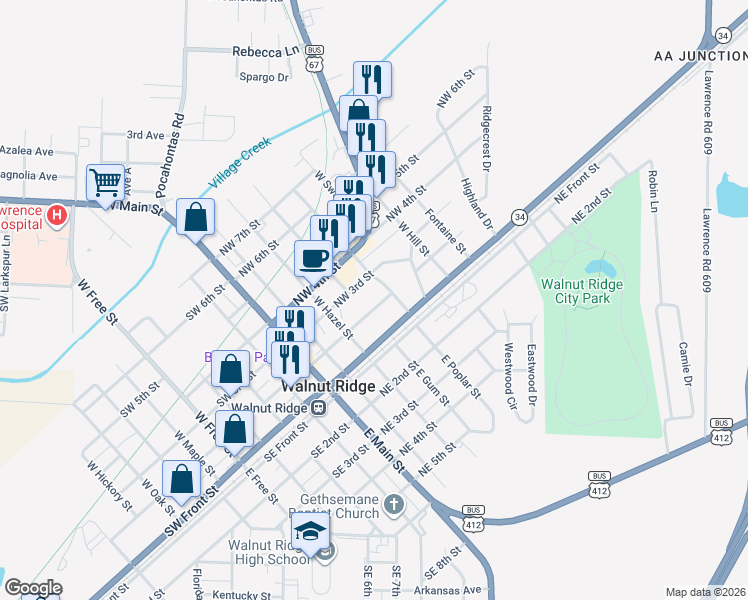 map of restaurants, bars, coffee shops, grocery stores, and more near 420 Northwest 3rd Street in Walnut Ridge