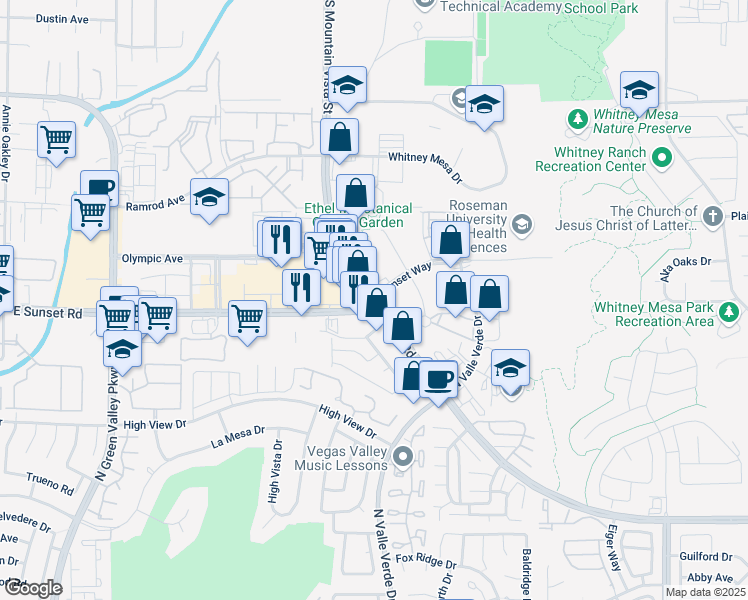map of restaurants, bars, coffee shops, grocery stores, and more near E Sunset Rd & S Mountain Vista St & Sunset Way in Henderson