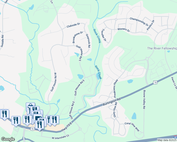 map of restaurants, bars, coffee shops, grocery stores, and more near 807 Haddington Court North in Whitsett