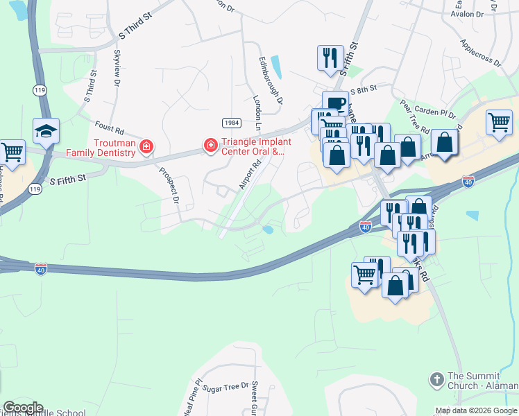 map of restaurants, bars, coffee shops, grocery stores, and more near 1032 Mebane Airport Road in Mebane
