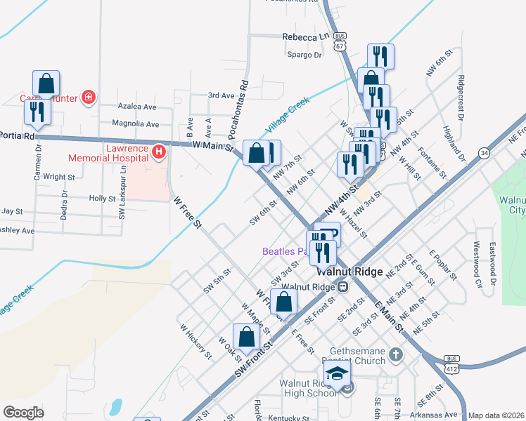 map of restaurants, bars, coffee shops, grocery stores, and more near 620 West Elm Street in Walnut Ridge