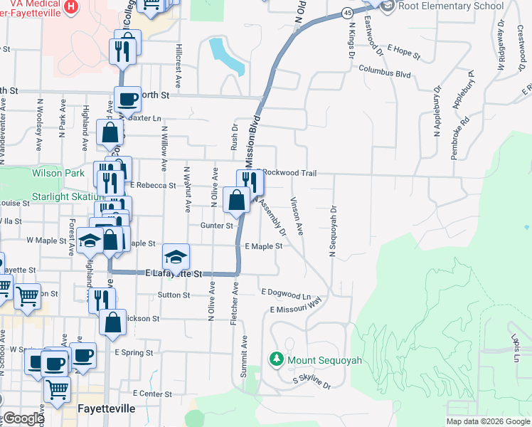 map of restaurants, bars, coffee shops, grocery stores, and more near 643-699 North Assembly Road in Fayetteville