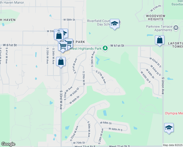 map of restaurants, bars, coffee shops, grocery stores, and more near 2753 West 64th Street in Tulsa