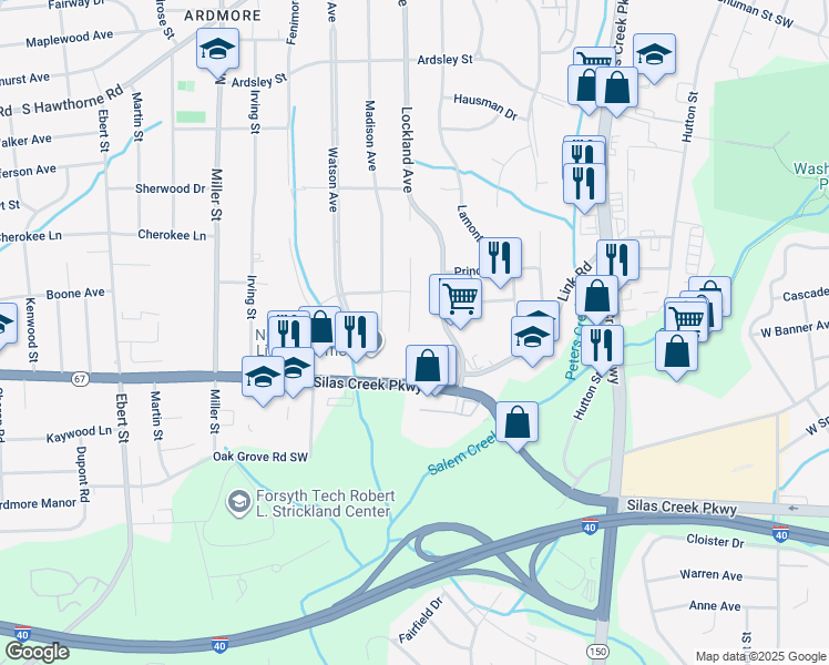 map of restaurants, bars, coffee shops, grocery stores, and more near 1337 Tredwell Drive in Winston-Salem