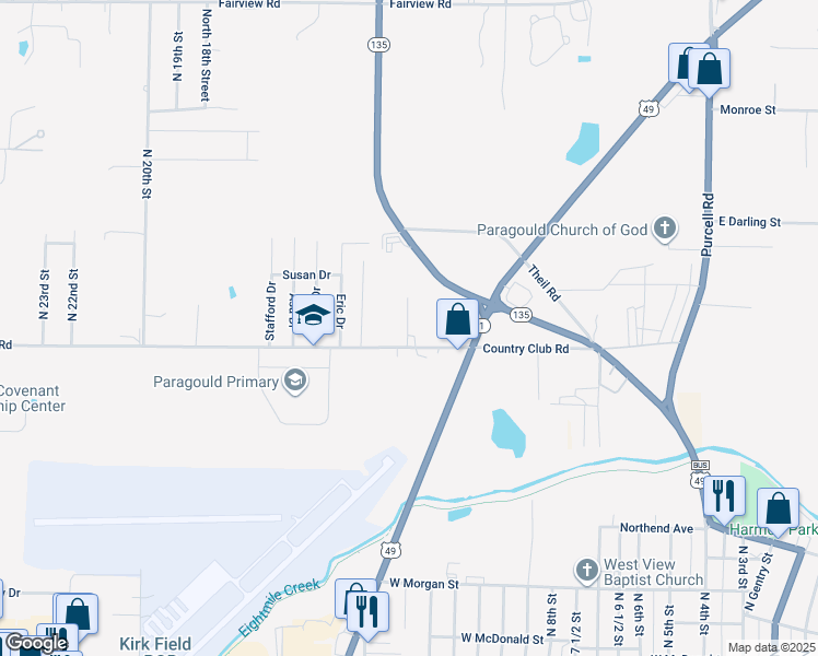 map of restaurants, bars, coffee shops, grocery stores, and more near 1306 Gassaway Lane in Paragould