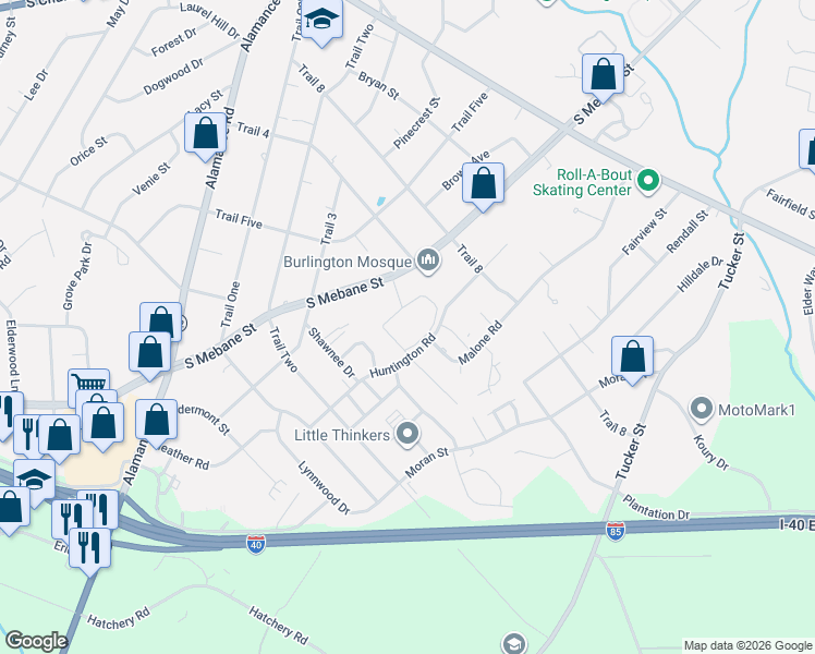 map of restaurants, bars, coffee shops, grocery stores, and more near 2008 South Mebane Street in Burlington