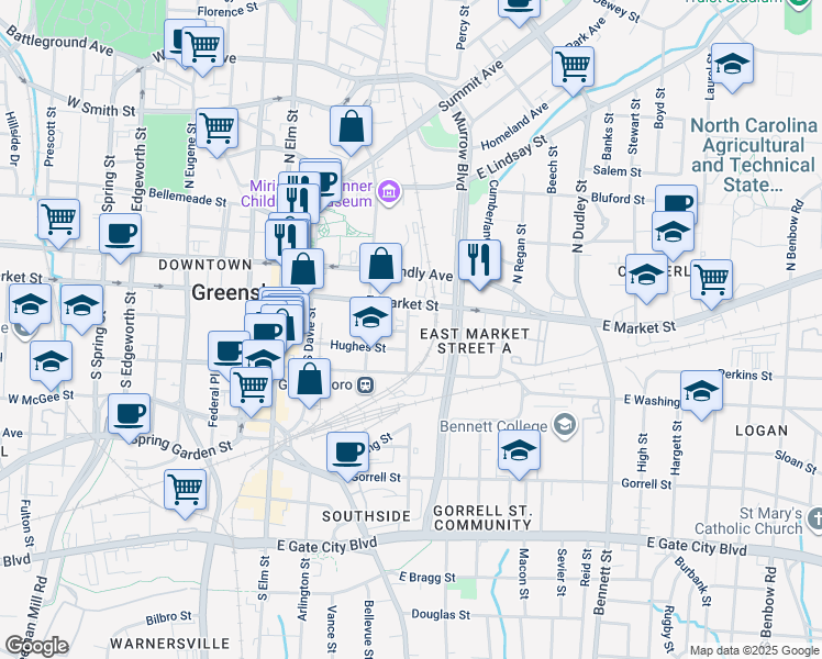 map of restaurants, bars, coffee shops, grocery stores, and more near 195 South Lyndon Street in Greensboro