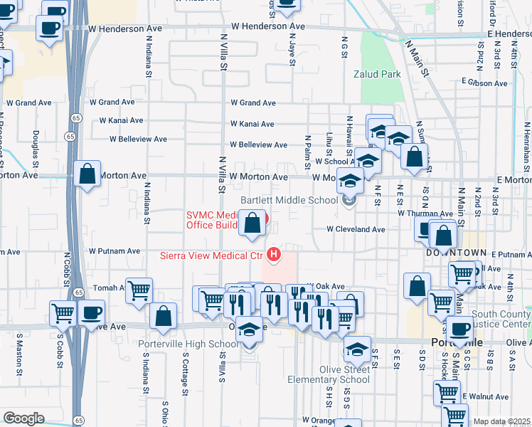 map of restaurants, bars, coffee shops, grocery stores, and more near 305 Pearson Drive in Porterville