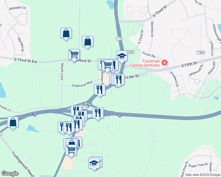 map of restaurants, bars, coffee shops, grocery stores, and more near 1242 South 5th Street in Mebane