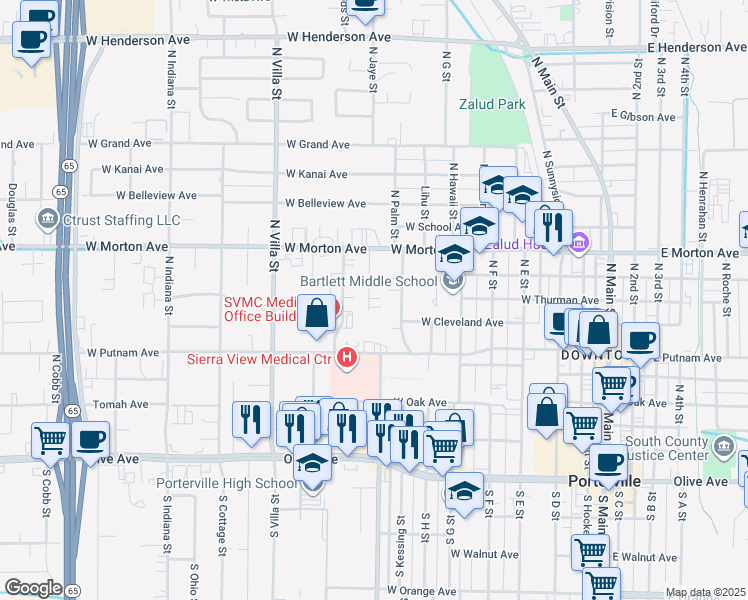 map of restaurants, bars, coffee shops, grocery stores, and more near 333 North Conley Street in Porterville