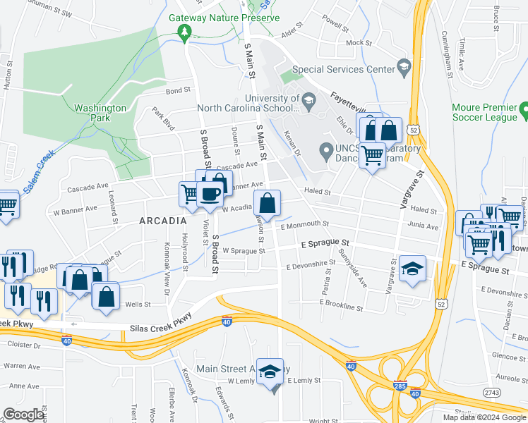 map of restaurants, bars, coffee shops, grocery stores, and more near in Winston-Salem