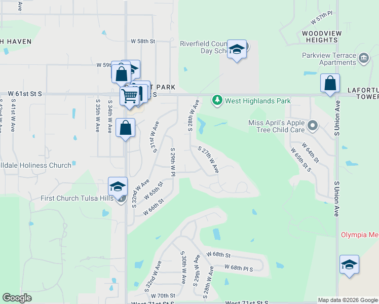 map of restaurants, bars, coffee shops, grocery stores, and more near 2753 West 64th Street in Tulsa