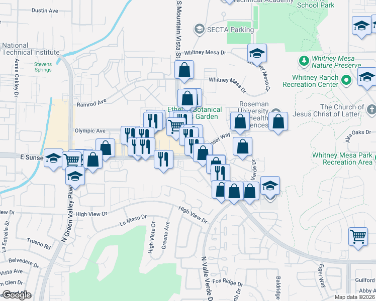 map of restaurants, bars, coffee shops, grocery stores, and more near 4650 East Sunset Road in Henderson