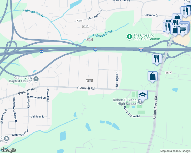 map of restaurants, bars, coffee shops, grocery stores, and more near 521 Lake Valley Drive in Winston-Salem